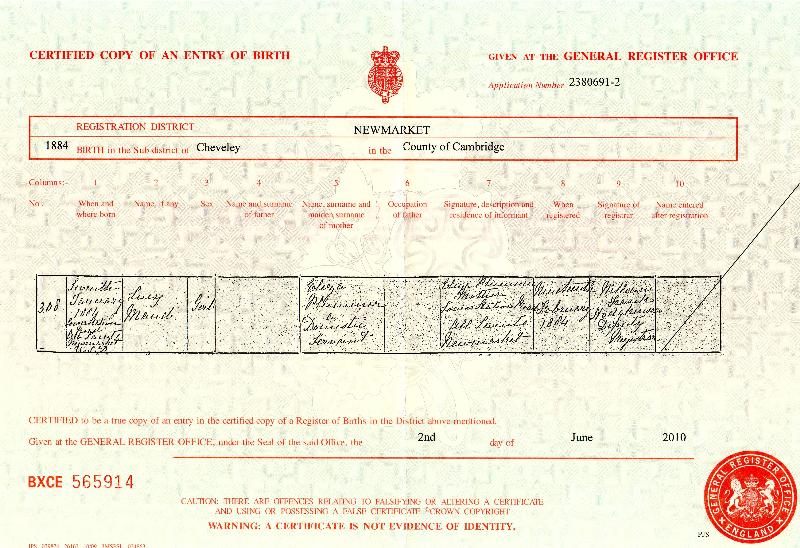 PLUMMER (LUCY MAUD) 1884 BIRTH CERTIFICATE